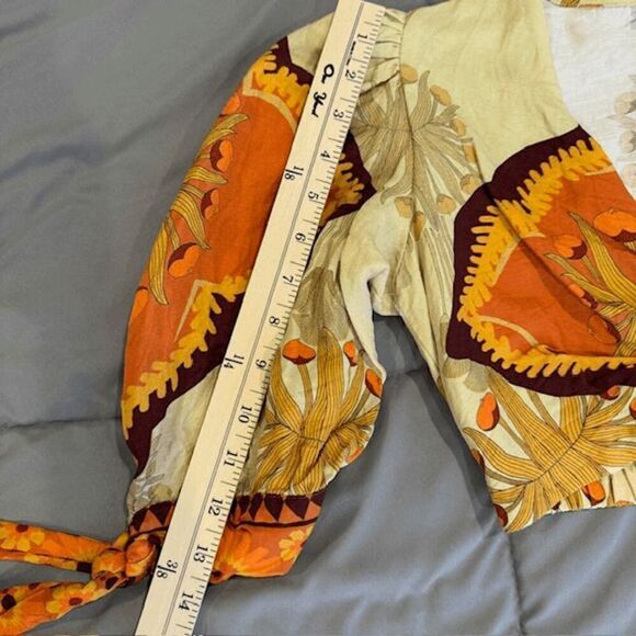 Nocturne Linen Blend Boho Crop Top Tie Puff Sleeves Gold Brown Orange Medium - Picture 12 of 15